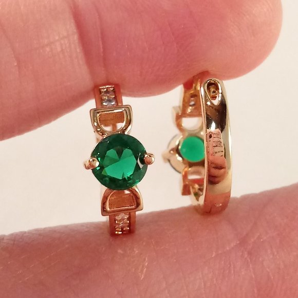 18K Yellow Gold Filled Diamond Zircon Emerald Green Hoop Earrings .46ctw ea. - Picture 4 of 4